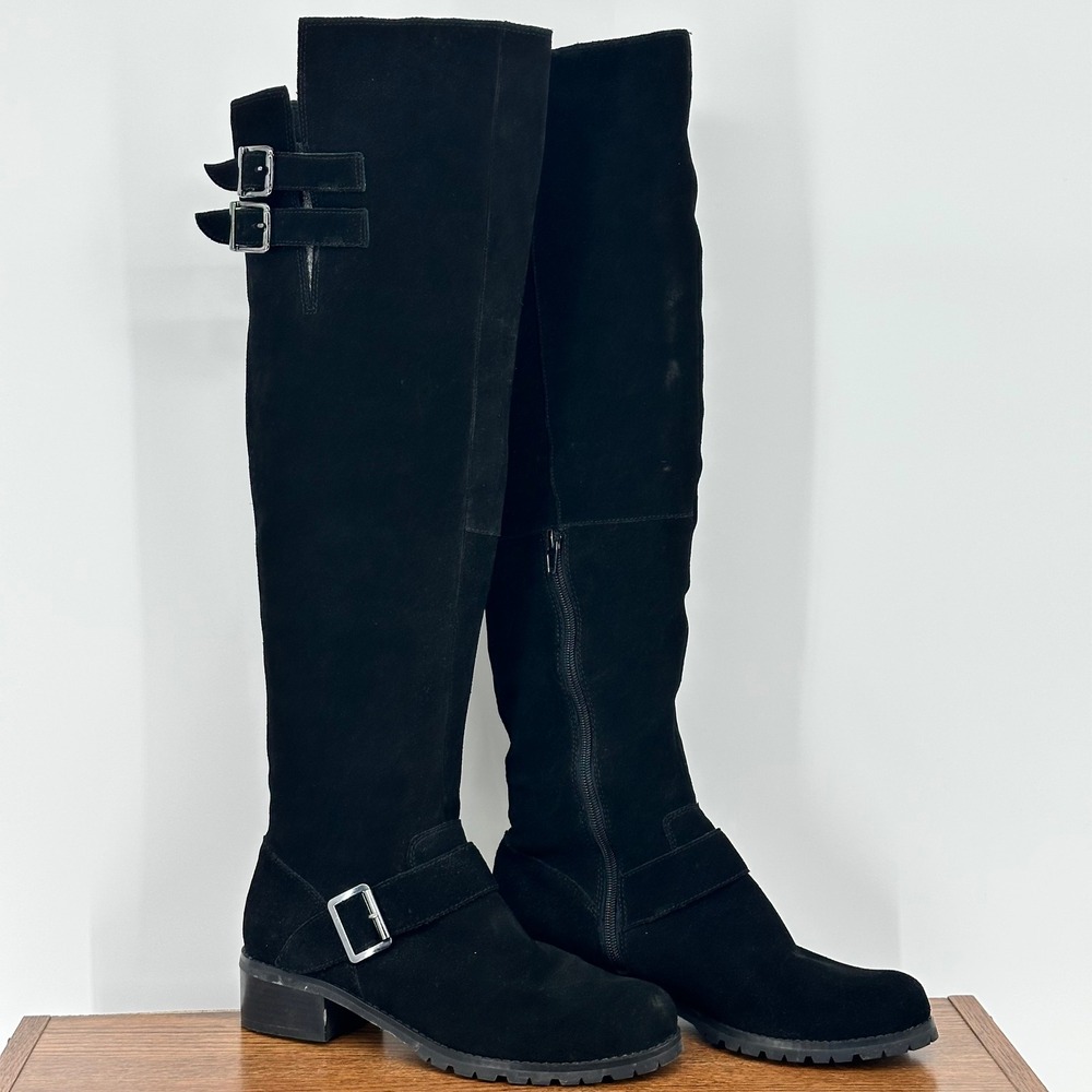 Black Suede Grunge Knee High Moto Buckle Boots Dark Academia 8.5 Sole Society